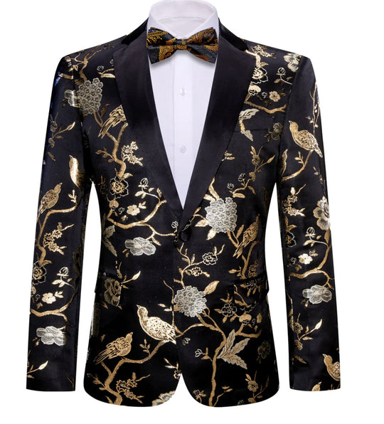 Simon Von Men's Black Gold Floral Suit Jacket Slim One Button Stylish Blazer-XX0014 - SimonVon Shop