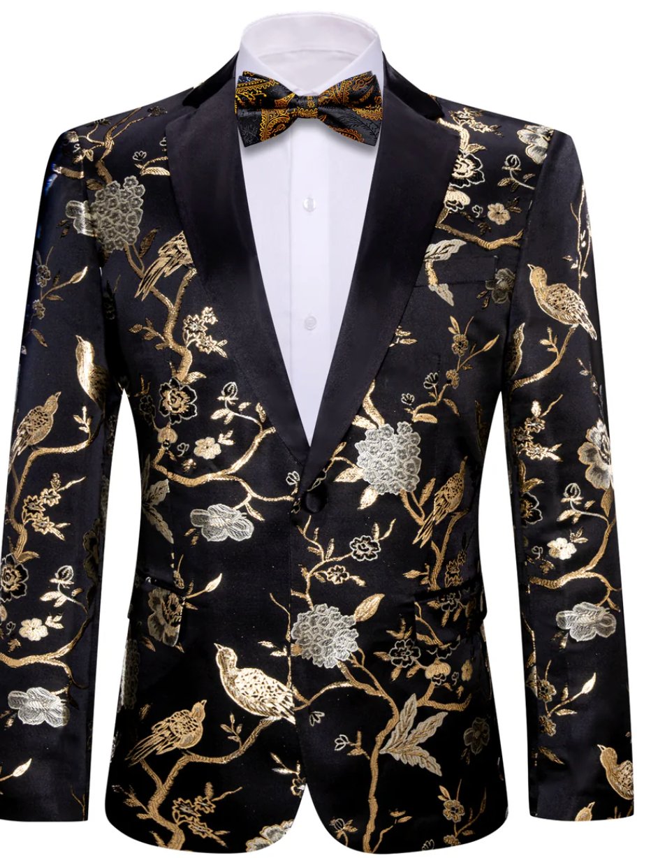Simon Von Men's Black Gold Floral Suit Jacket Slim One Button Stylish Blazer-XX0014 - SimonVon Shop