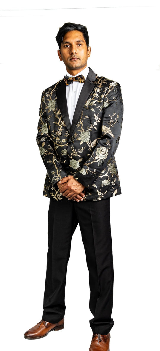 Simon Von Men's Black Gold Floral Suit Jacket Slim One Button Stylish Blazer-XX0014 - SimonVon Shop