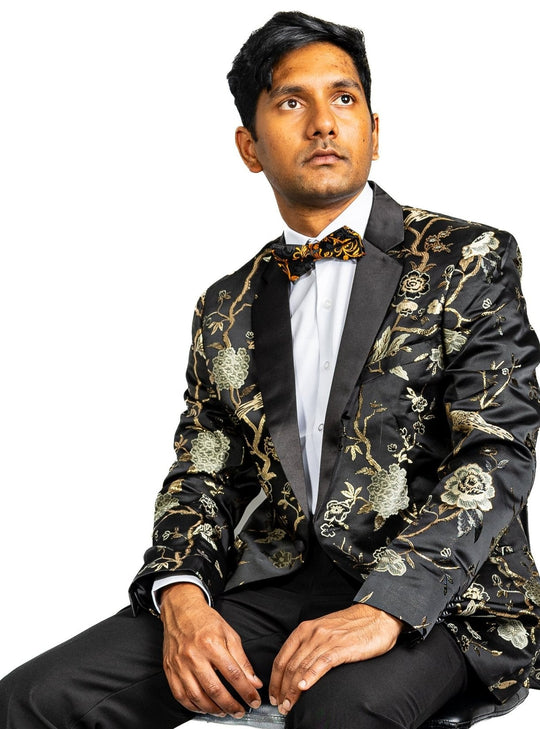 Simon Von Men's Black Gold Floral Suit Jacket Slim One Button Stylish Blazer-XX0014 - SimonVon Shop
