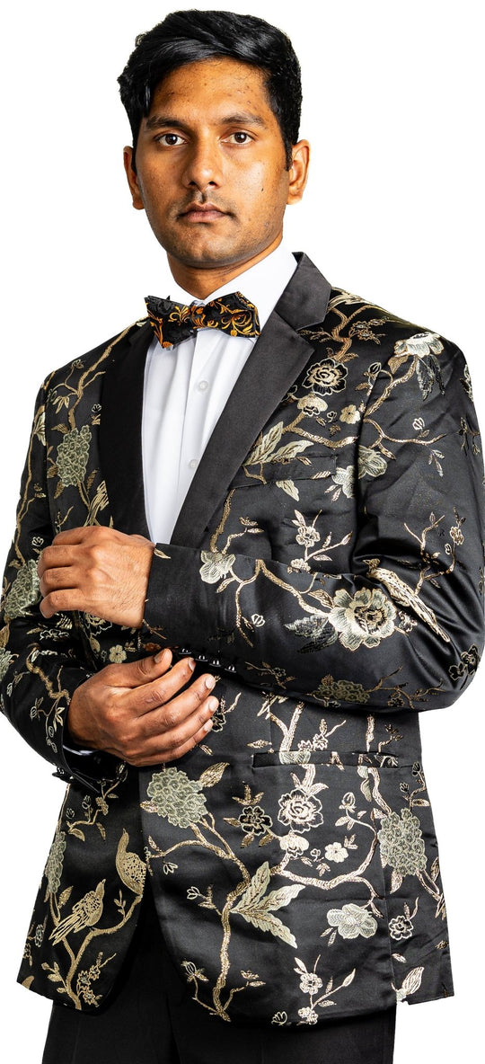 Simon Von Men's Black Gold Floral Suit Jacket Slim One Button Stylish Blazer-XX0014 - SimonVon Shop