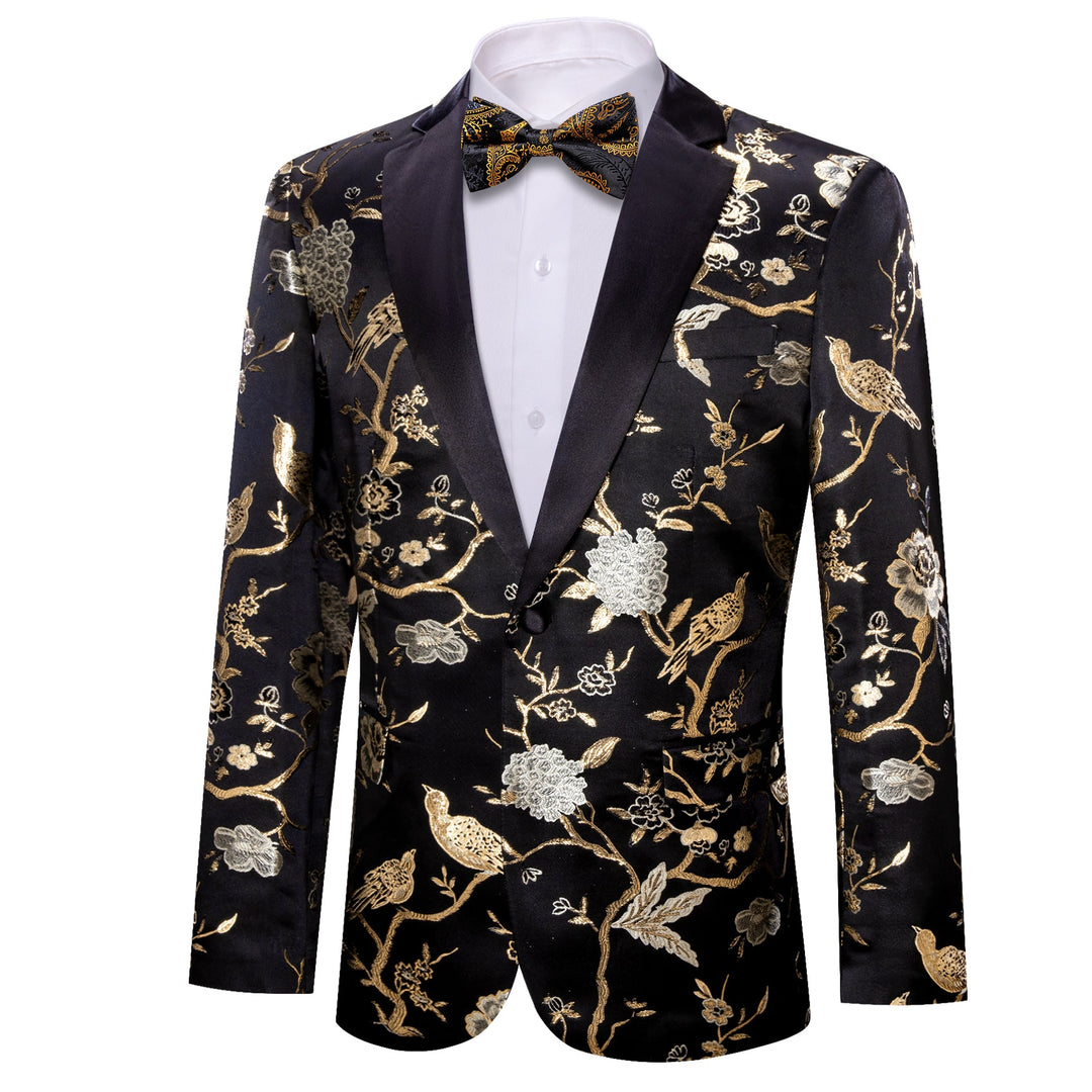 Simon Von Men's Dress Party Black Gold Floral Suit Jacket Slim One Button Stylish Blazer-XX-0014 - SimonVon Shop