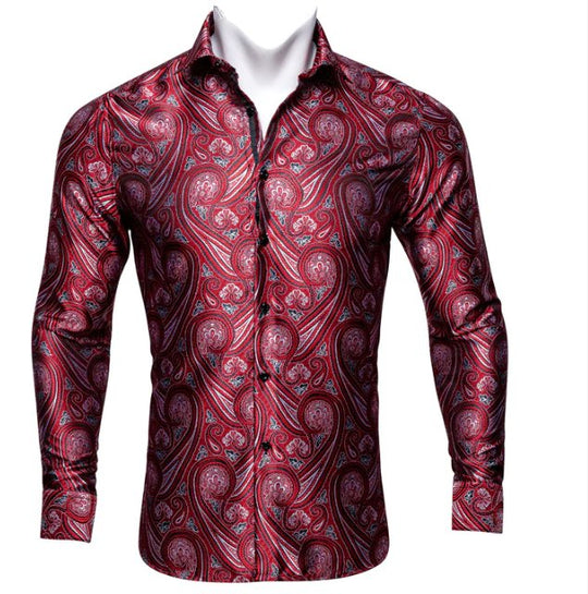Simon Von New Fashionable Red Paisley Silk Men's Shirt -CY-0034 - SimonVon Shop