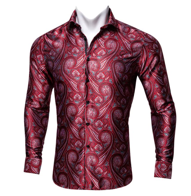 Simon Von New Fashionable Red Paisley Silk Men's Shirt -CY-0034 - SimonVon Shop