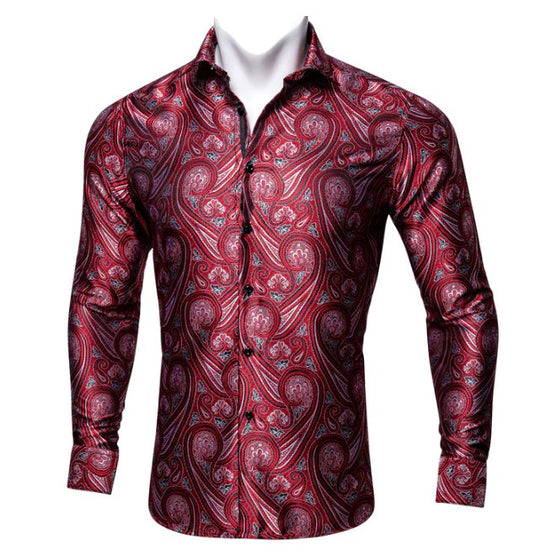 Simon Von New Fashionable Red Paisley Silk Men's Shirt -CY-0034 - SimonVon Shop