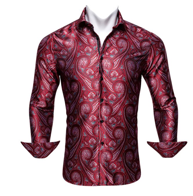 Simon Von New Fashionable Red Paisley Silk Men's Shirt -CY-0034 - SimonVon Shop