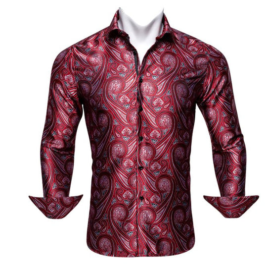 Simon Von New Fashionable Red Paisley Silk Men's Shirt -CY-0034 - SimonVon Shop