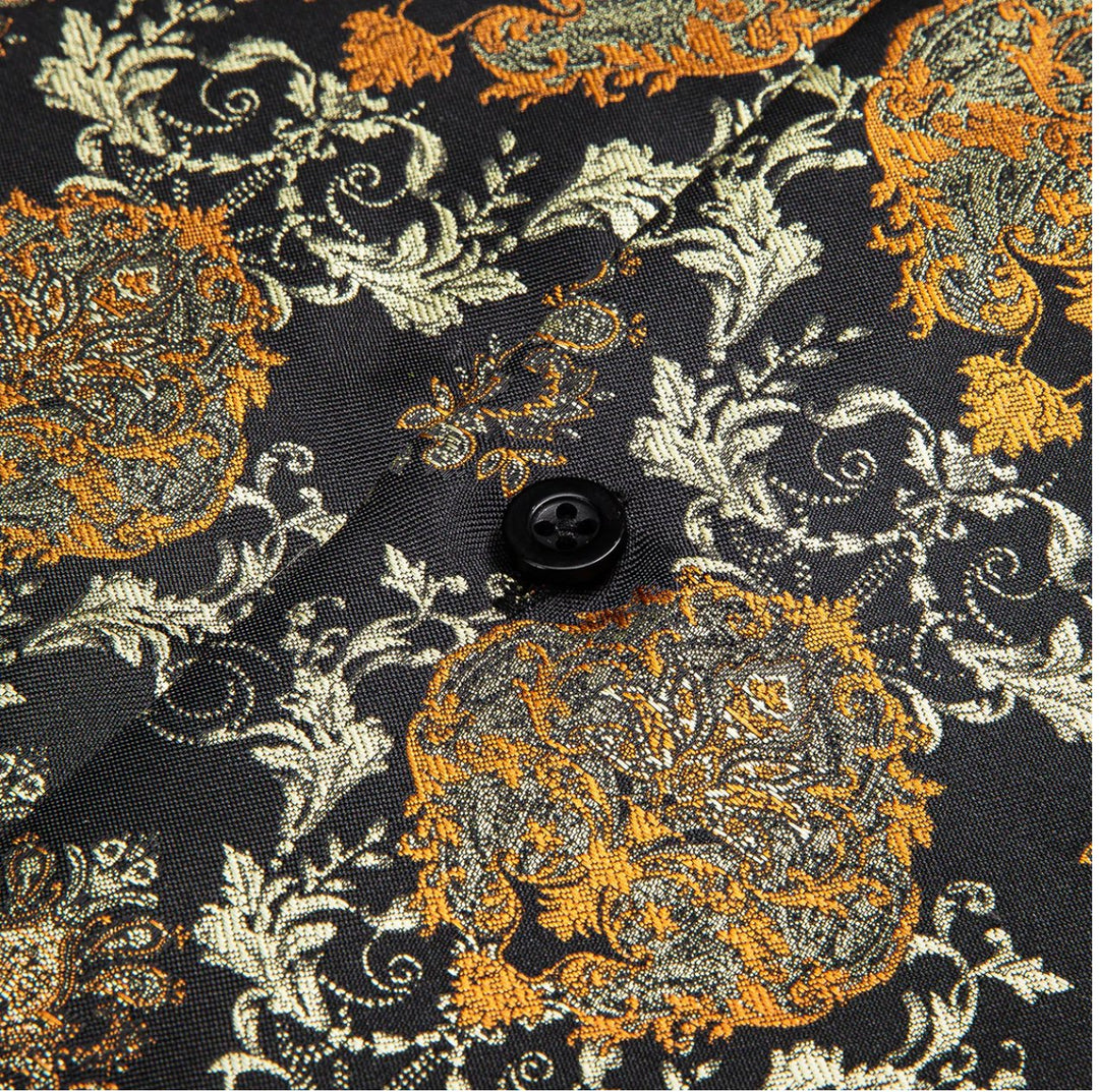 Simon Von Novelty Black Orange Copper Silk Floral Shirt - CY-0020 - SimonVon Shop