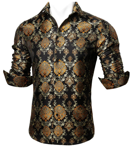 Simon Von Novelty Black Orange Copper Silk Floral Shirt - CY-0020 - SimonVon Shop