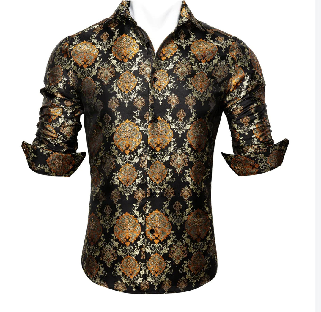 Simon Von Novelty Black Orange Copper Silk Floral Shirt - CY-0020 - SimonVon Shop