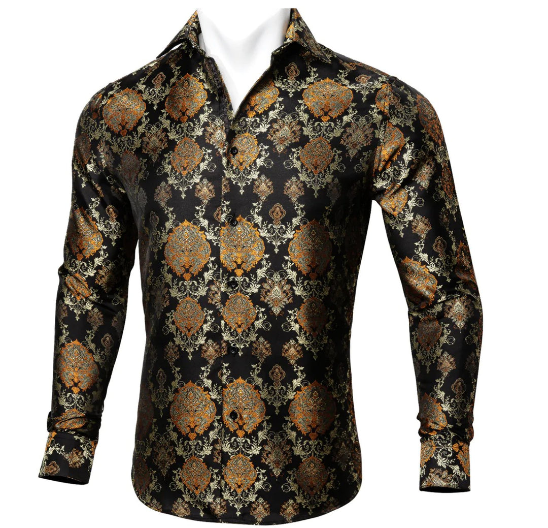 Simon Von Novelty Black Orange Copper Silk Floral Shirt - CY-0020 - SimonVon Shop