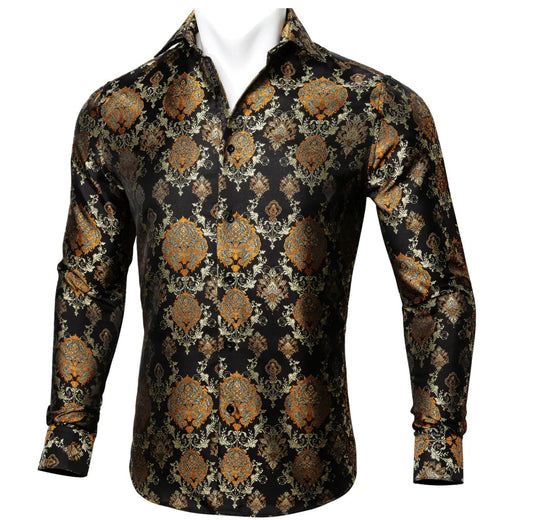 Simon Von Novelty Black Orange Copper Silk Floral Shirt - CY-0020 - SimonVon Shop