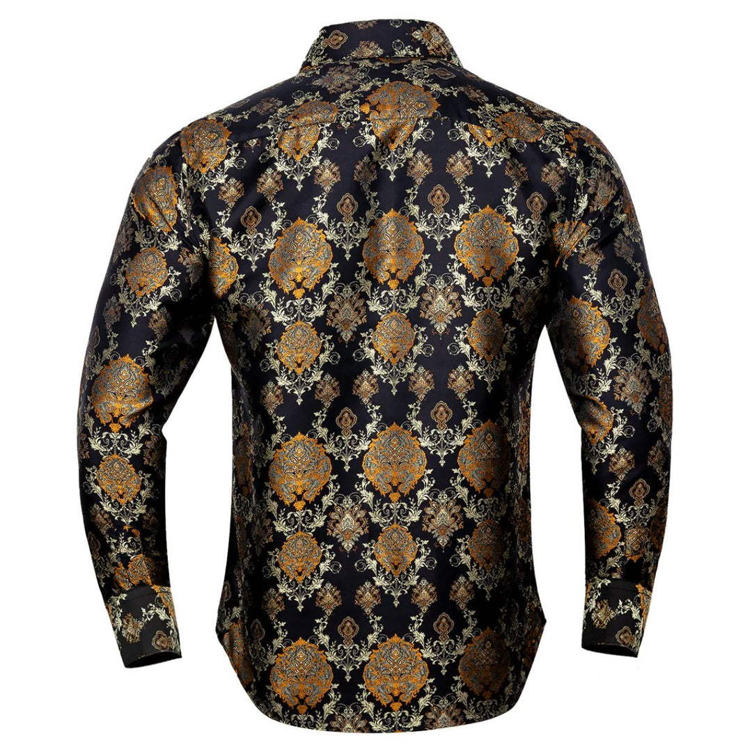 Simon Von Novelty Black Orange Copper Silk Floral Shirt - CY-0020 - SimonVon Shop