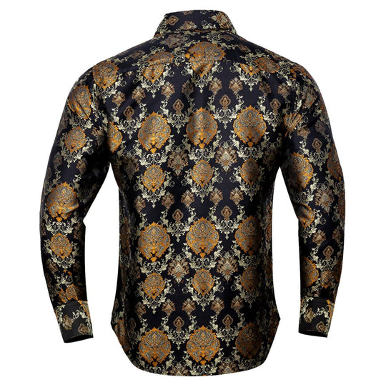 Simon Von Novelty Black Orange Copper Silk Floral Shirt - CY-0020 - SimonVon Shop