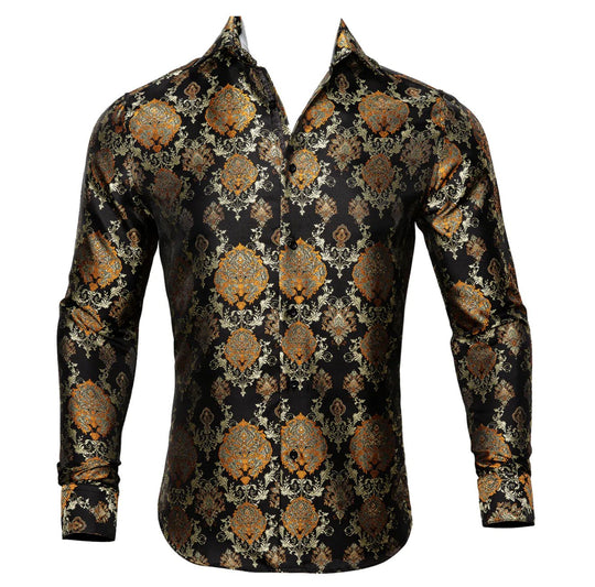 Simon Von Novelty Black Orange Copper Silk Floral Shirt - CY-0020 - SimonVon Shop