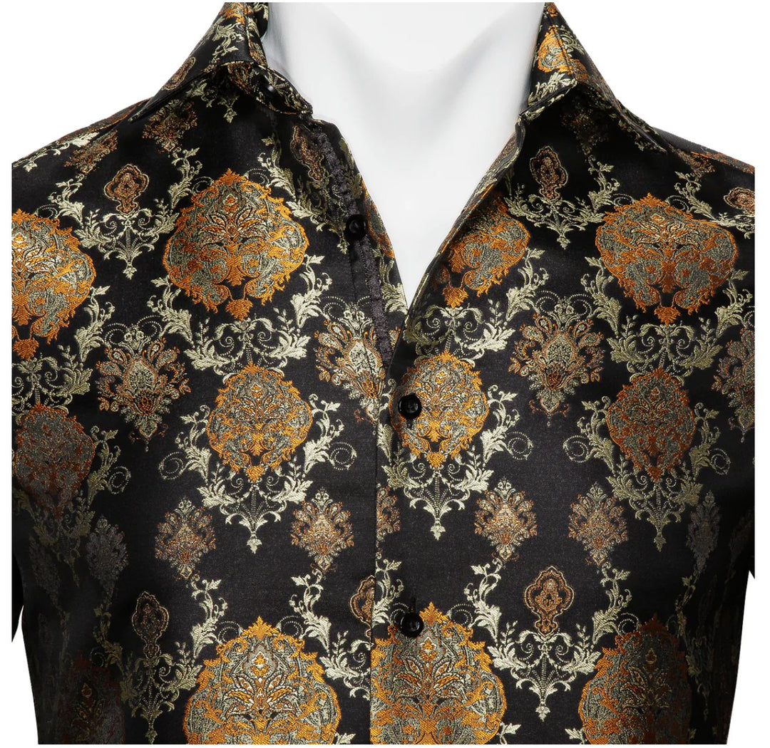 Simon Von Novelty Black Orange Copper Silk Floral Shirt - CY-0020 - SimonVon Shop