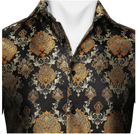 Simon Von Novelty Black Orange Copper Silk Floral Shirt - CY-0020 - SimonVon Shop