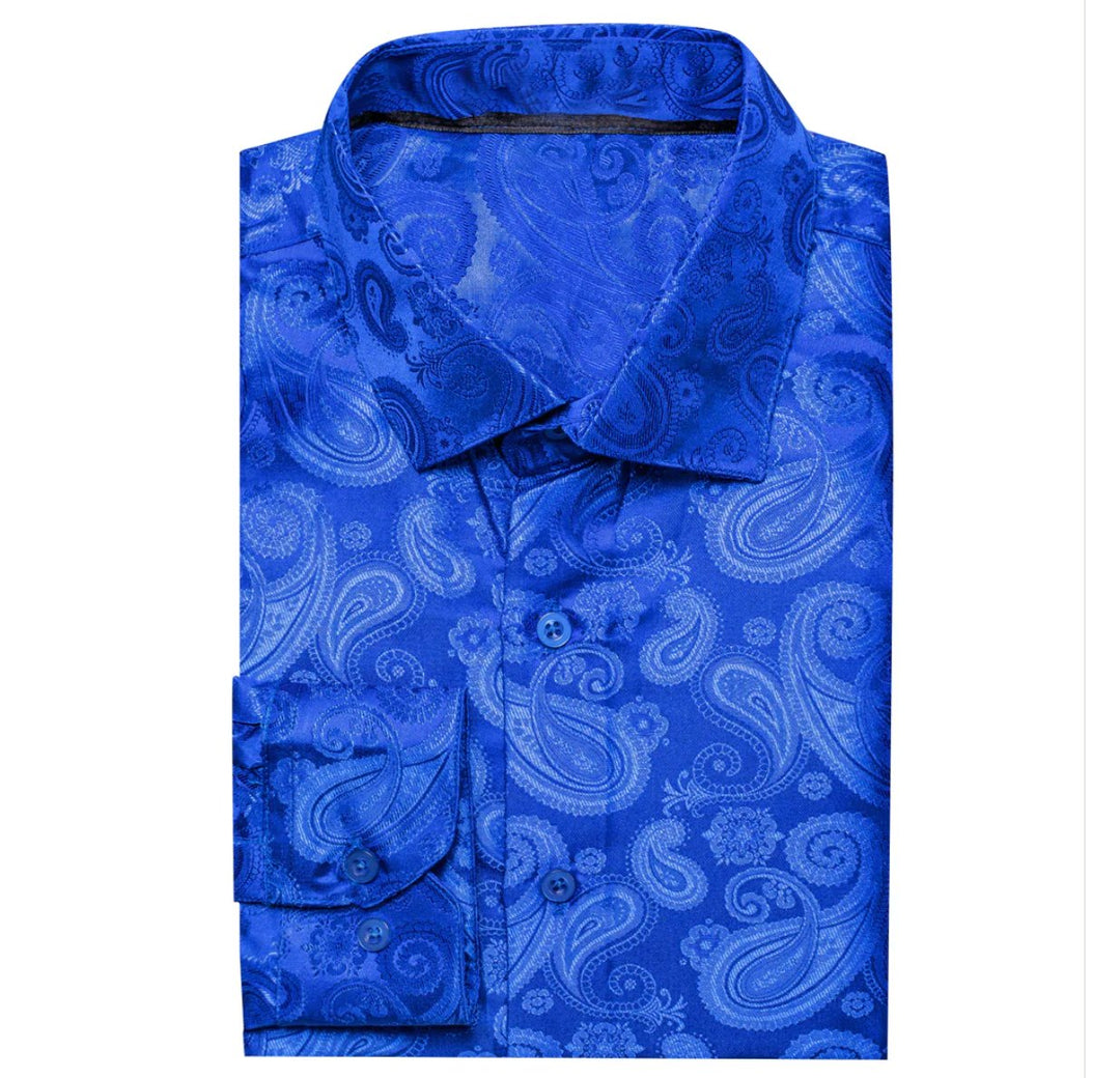 Simon Von Royal Blue Paisley Silk Men's Long Sleeve Shirt -CY-1618 - SimonVon Shop