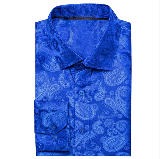 Simon Von Royal Blue Paisley Silk Men's Long Sleeve Shirt -CY-1618 - SimonVon Shop