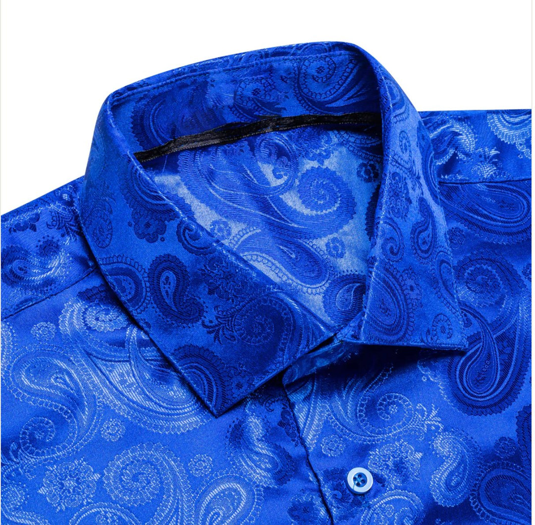 Simon Von Royal Blue Paisley Silk Men's Long Sleeve Shirt -CY-1618 - SimonVon Shop