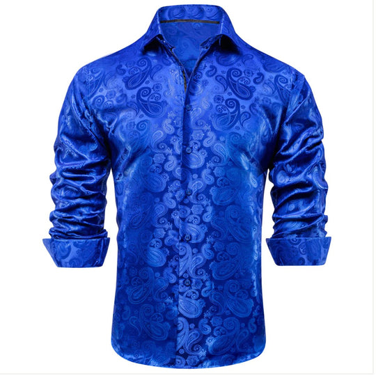 Simon Von Royal Blue Paisley Silk Men's Long Sleeve Shirt -CY-1618 - SimonVon Shop