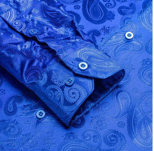 Simon Von Royal Blue Paisley Silk Men's Long Sleeve Shirt -CY-1618 - SimonVon Shop