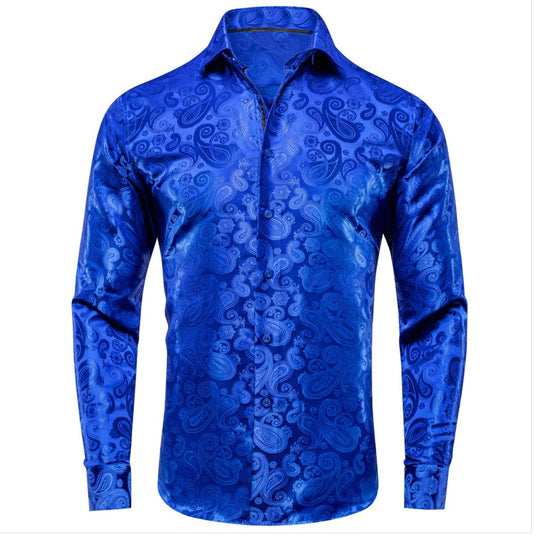 Simon Von Royal Blue Paisley Silk Men's Long Sleeve Shirt -CY-1618 - SimonVon Shop
