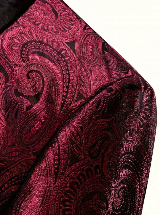 Simon Von Stylish Paisley Print One Button Blazer - Dark Red -GH191446 - SimonVon Shop