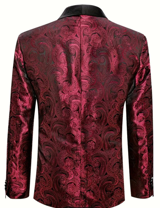 Simon Von Stylish Paisley Print One Button Blazer - Dark Red -GH191446 - SimonVon Shop