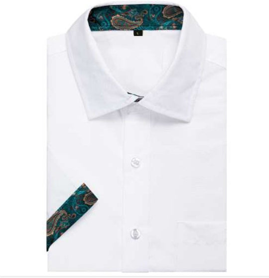 Simon Von White Green Paisley Panel Men's Slim Short Sleeve Shirt- CY-2400 - SimonVon Shop