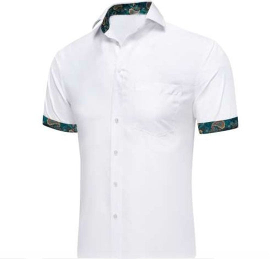 Simon Von White Green Paisley Panel Men's Slim Short Sleeve Shirt- CY-2400 - SimonVon Shop