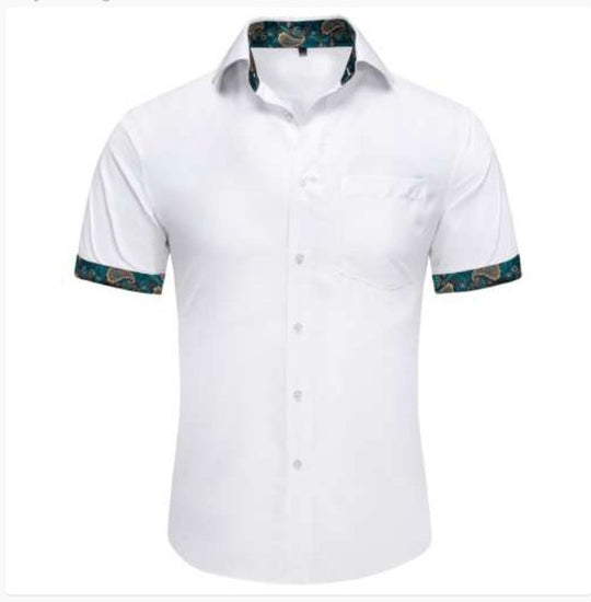 Simon Von White Green Paisley Panel Men's Slim Short Sleeve Shirt- CY-2400 - SimonVon Shop