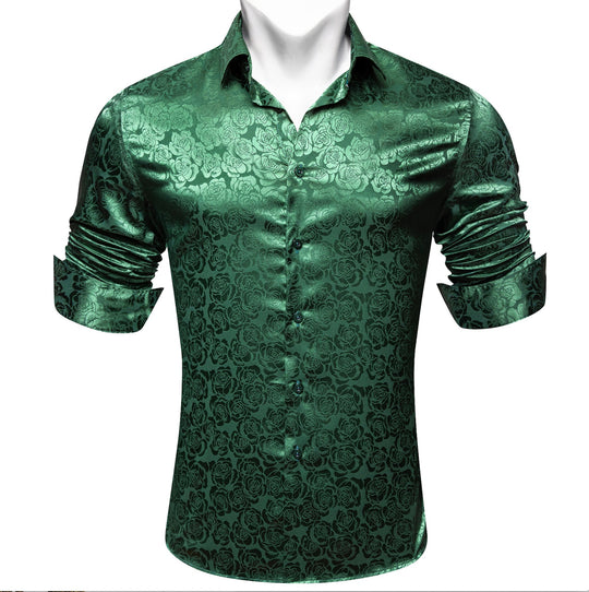 Simon.Von Beautiful Green Print Flower Silk Men's Shirt-CY-0679 - SimonVon Shop