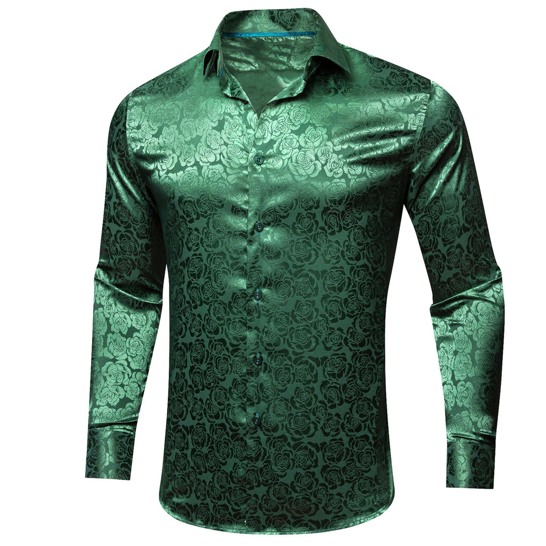 Simon.Von Beautiful Green Print Flower Silk Men's Shirt-CY-0679 - SimonVon Shop