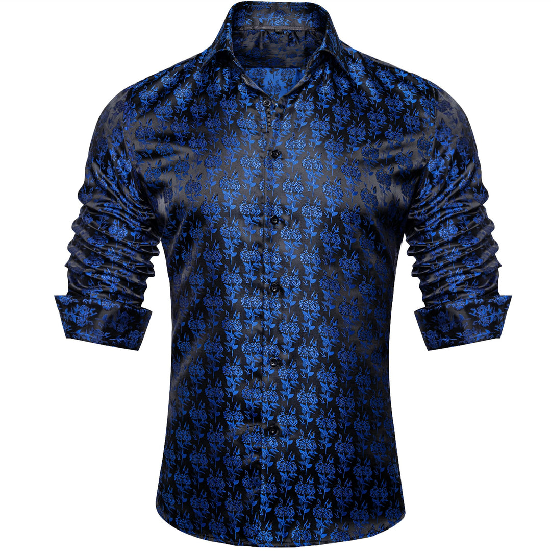 SIMON.VON BLACK BLUE FLORAL SILK MEN'S SHIRT- CY-2016 - SimonVon Shop