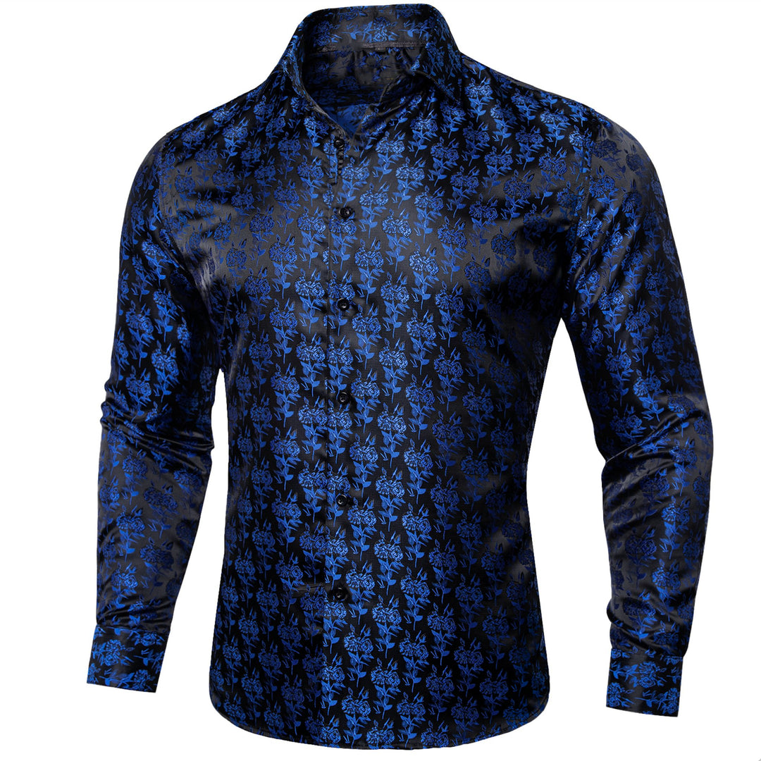 SIMON.VON BLACK BLUE FLORAL SILK MEN'S SHIRT- CY-2016 - SimonVon Shop