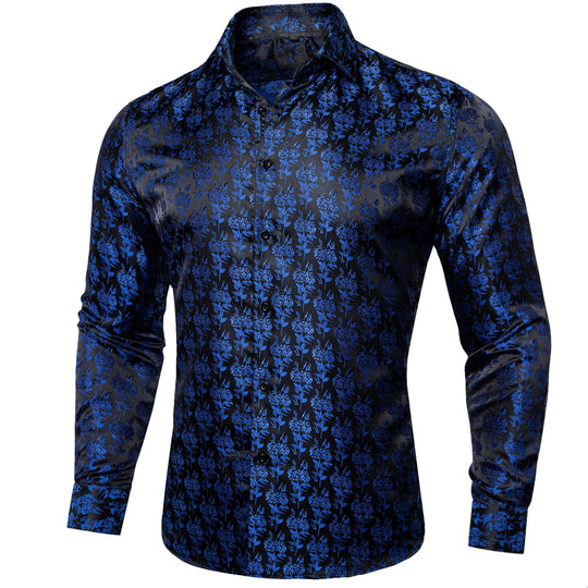 SIMON.VON BLACK BLUE FLORAL SILK MEN'S SHIRT- CY-2016 - SimonVon Shop