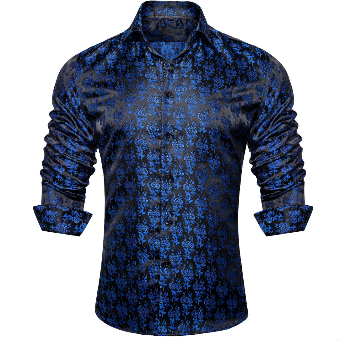 SIMON.VON BLACK BLUE FLORAL SILK MEN'S SHIRT- CY-2016 - SimonVon Shop