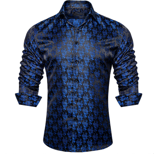 SIMON.VON BLACK BLUE FLORAL SILK MEN'S SHIRT- CY-2016 - SimonVon Shop