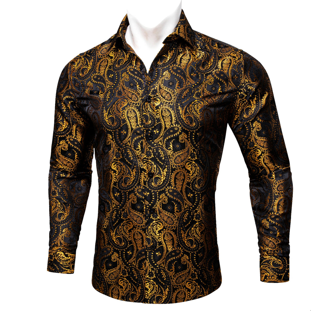 Simon.Von Black Gold Paisley Silk Men's Shirt-CY-0460 - SimonVon Shop