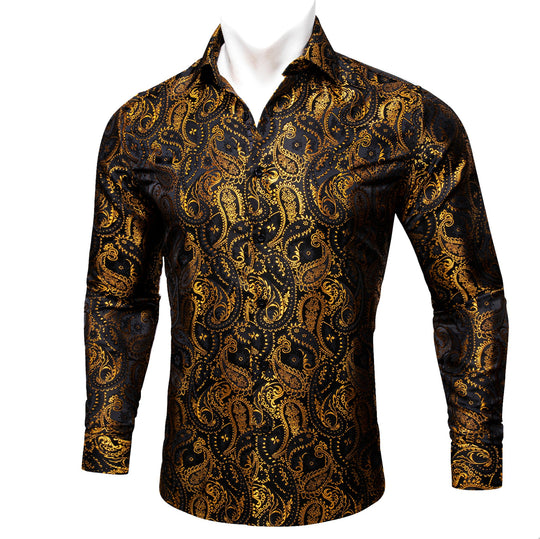 Simon.Von Black Gold Paisley Silk Men's Shirt-CY-0460 - SimonVon Shop