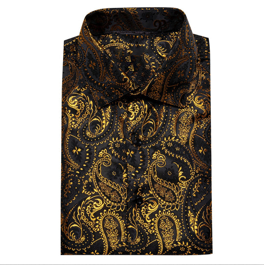 Simon.Von Black Gold Paisley Silk Men's Shirt-CY-0460 - SimonVon Shop