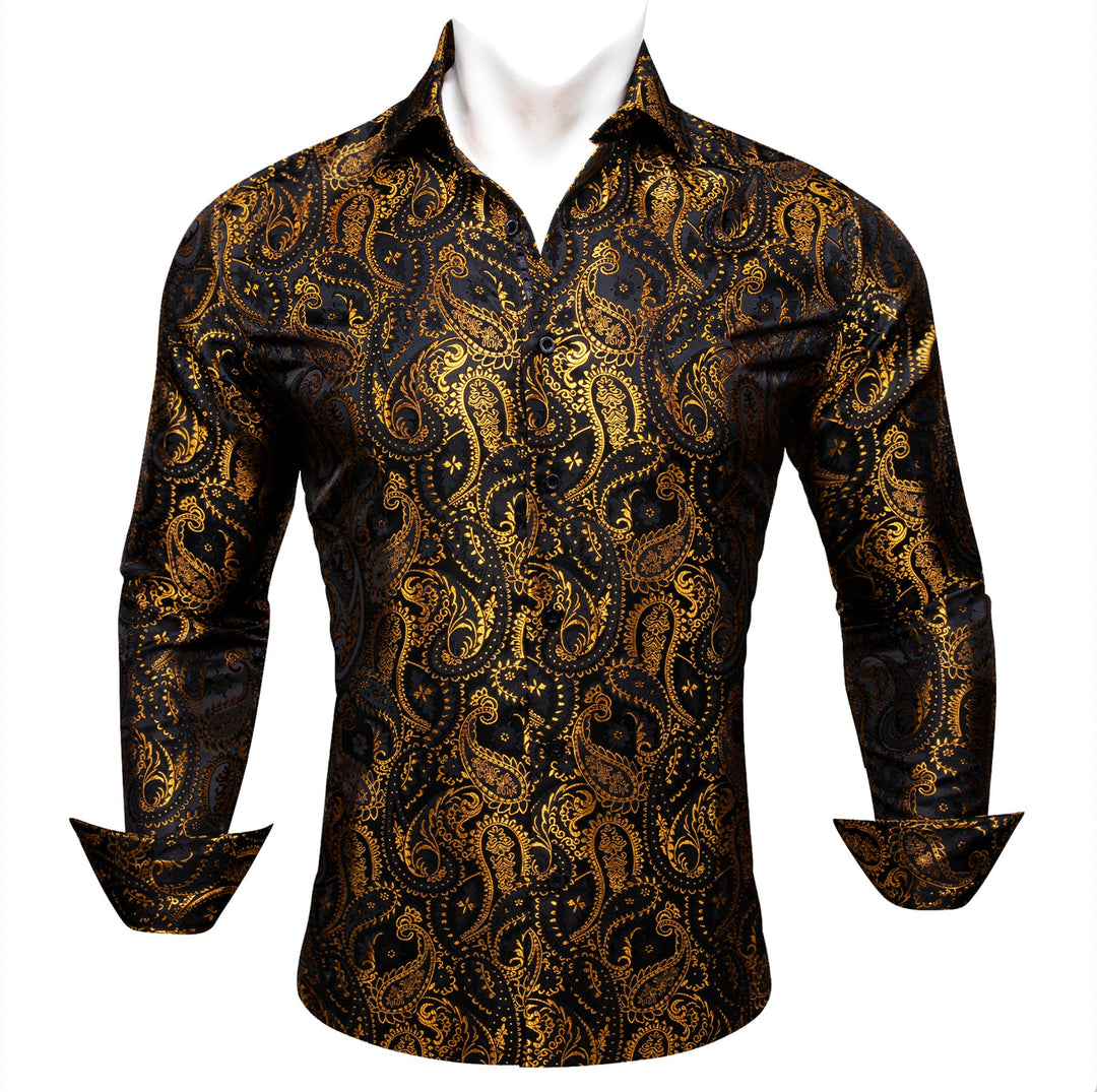 Simon.Von Black Gold Paisley Silk Men's Shirt-CY-0460 - SimonVon Shop