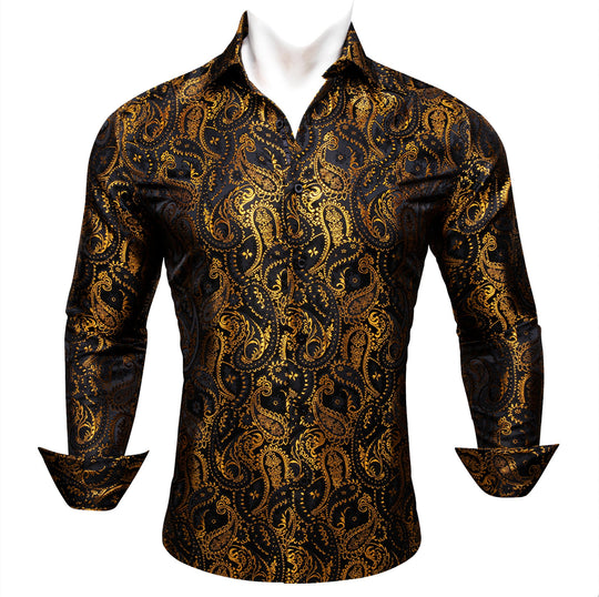 Simon.Von Black Gold Paisley Silk Men's Shirt-CY-0460 - SimonVon Shop