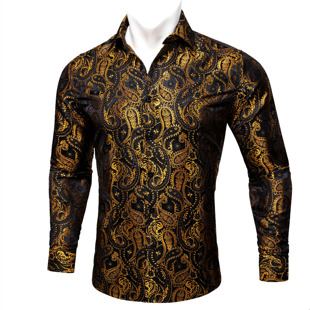 Simon.Von Black Gold Paisley Silk Men's Shirt-CY-0460 - SimonVon Shop