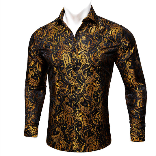 Simon.Von Black Gold Paisley Silk Men's Shirt-CY-0460 - SimonVon Shop