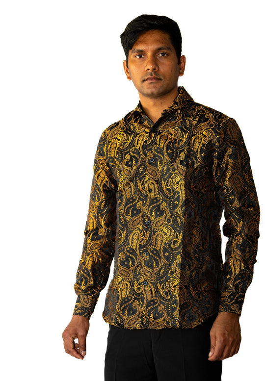 Simon.Von Black Gold Paisley Silk Men's Shirt-CY-0460 - SimonVon Shop