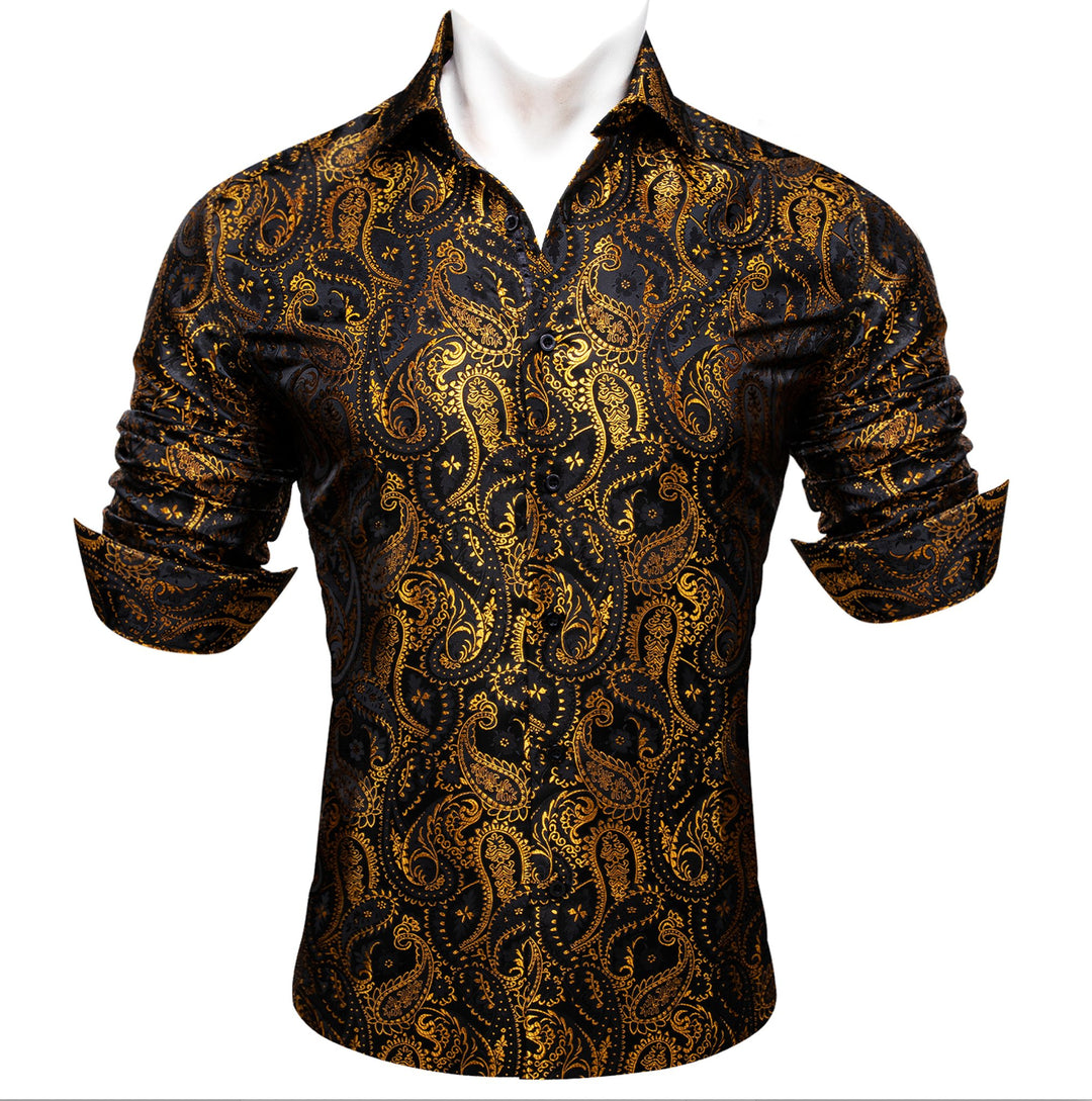 Simon.Von Black Gold Paisley Silk Men's Shirt-CY-0460 - SimonVon Shop