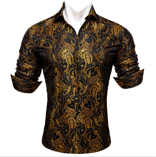 Simon.Von Black Gold Paisley Silk Men's Shirt-CY-0460 - SimonVon Shop