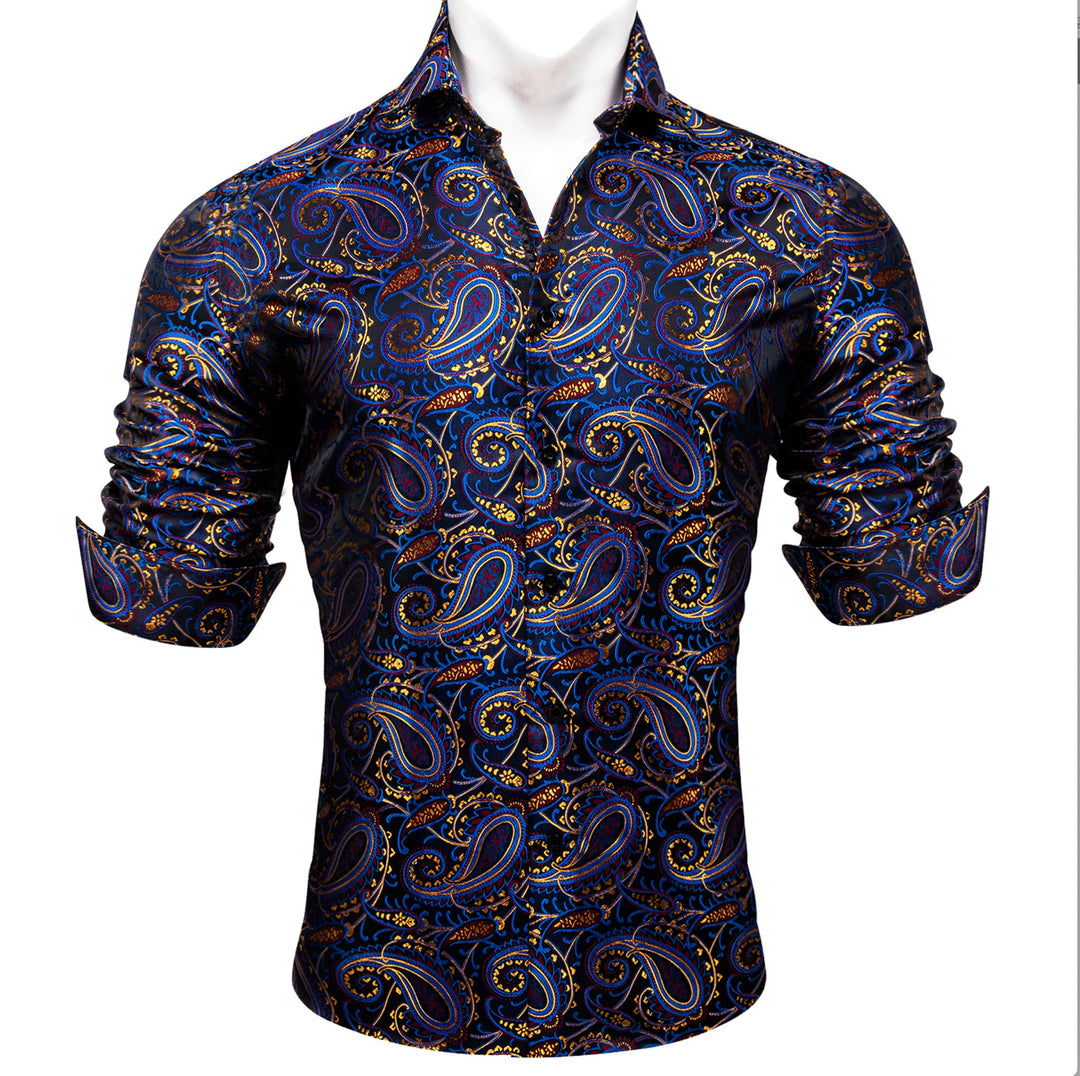 Simon.Von Blue Gold Paisley Silk Men's Shirt-CY-0461 - SimonVon Shop